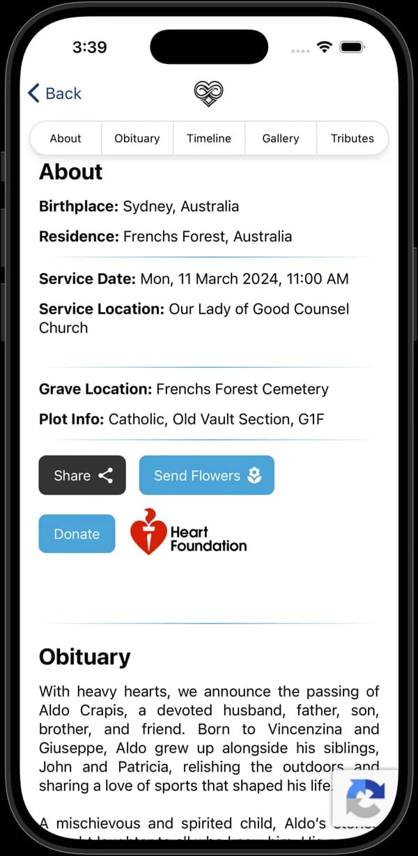 The About section of a memorial in the app, with service and resting place details