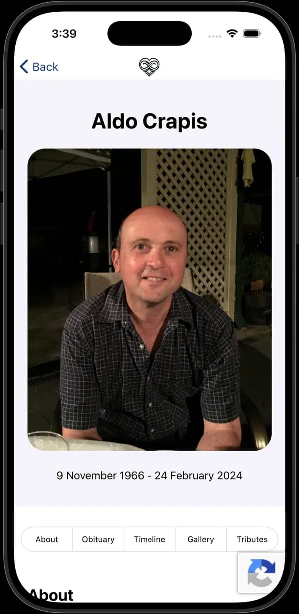 A memorial open in the app, with a photo, name and dates