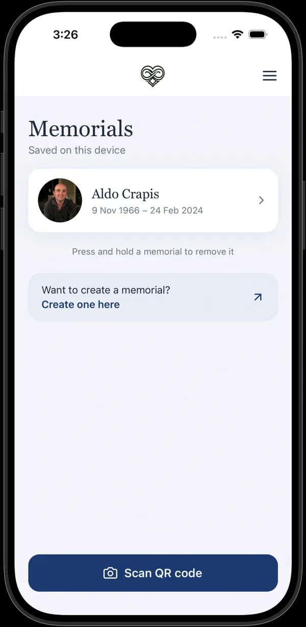 The app's home screen, with a saved memorial and a Scan QR code button