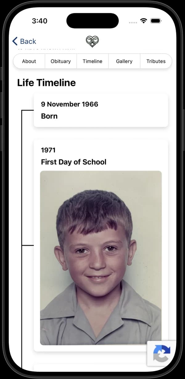 A life timeline in the app, starting with a childhood photo