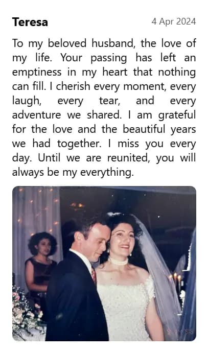 A tribute with a photo left on the example obituary page