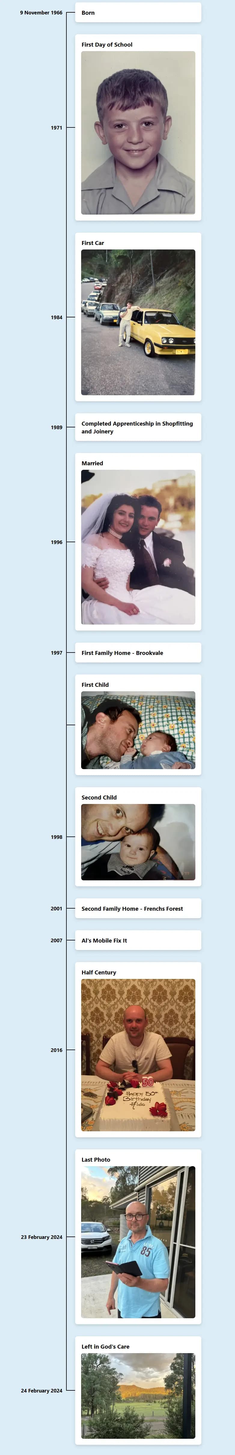 The start of the life timeline on the example memorial website